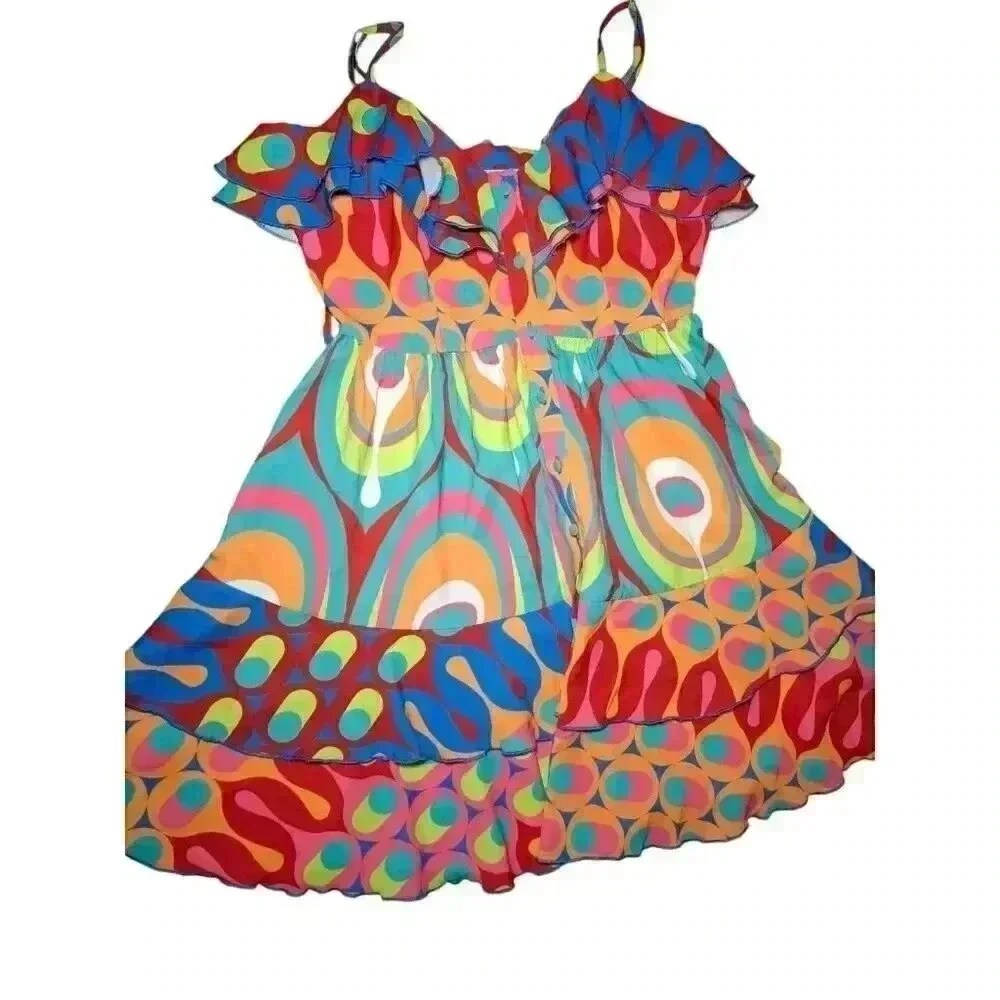 Vintage Psychedelic Ruffle Mini Dress Y2K Festival Rave Coachella S